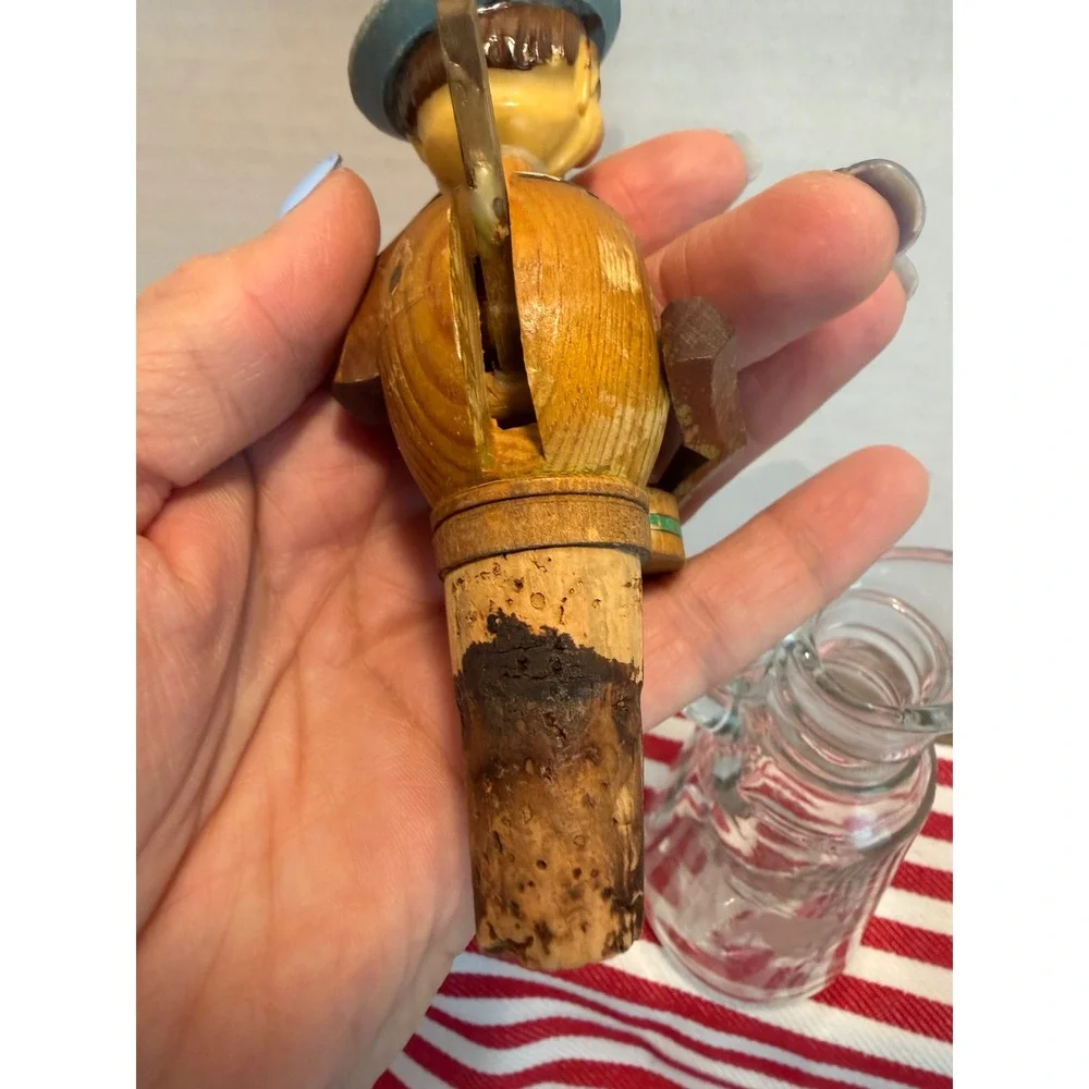 Vintage Hand Carved Wood Mechanical Drummer Bottle Stopper Anri Style Folk Art